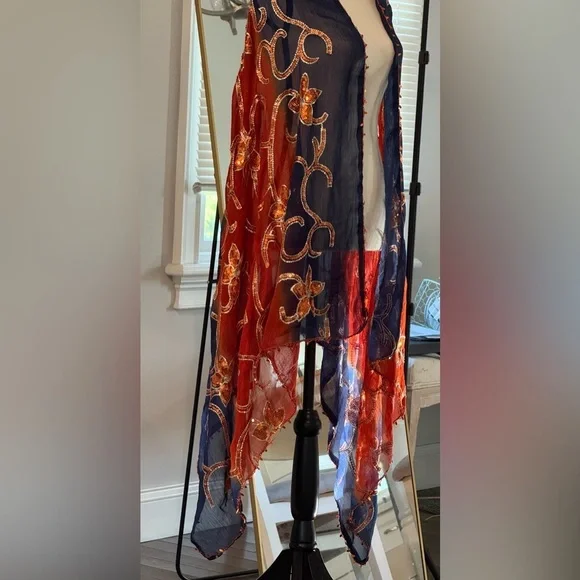 Floral Embroidered Scarf in Red and Blue Large 69”x 33” - Picture 12 of 13